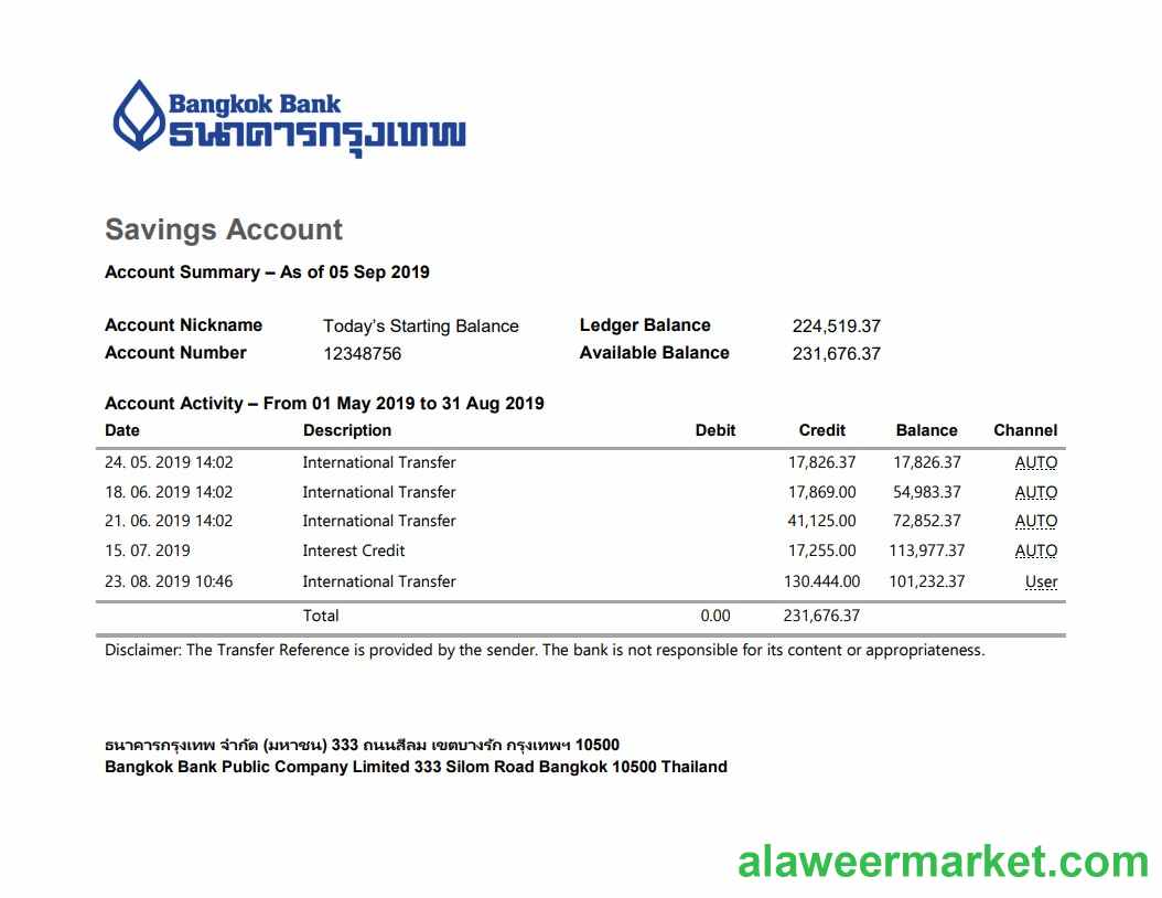 Thailand Bangkok Bank Savings Account statement template in Word and PDF format